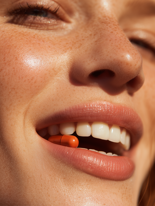 Woman with Bronzebody GLOW capsule - daily photonutrition ritual